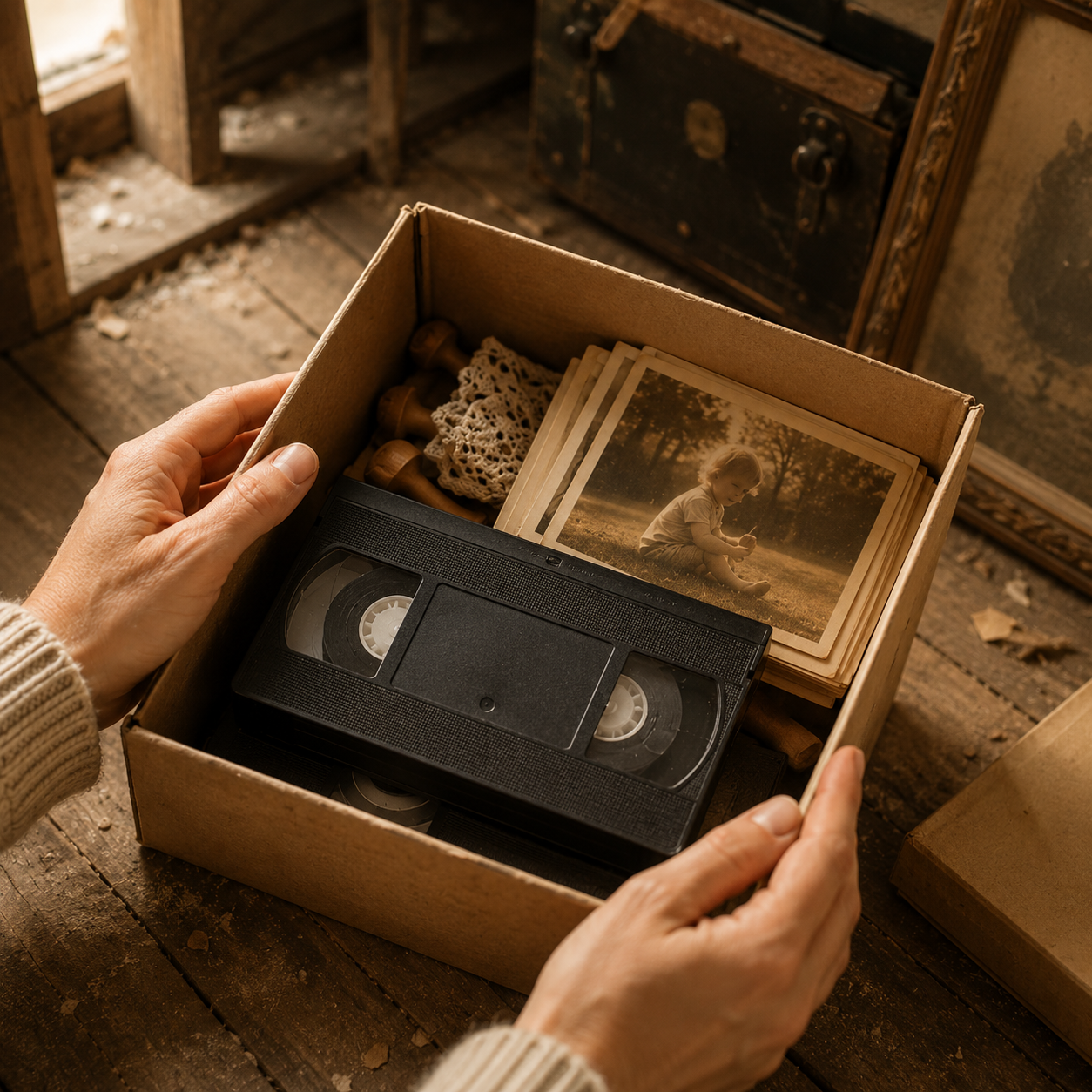 Doos met VHS videocassettes en oude foto's klaar om gedigitaliseerd te worden