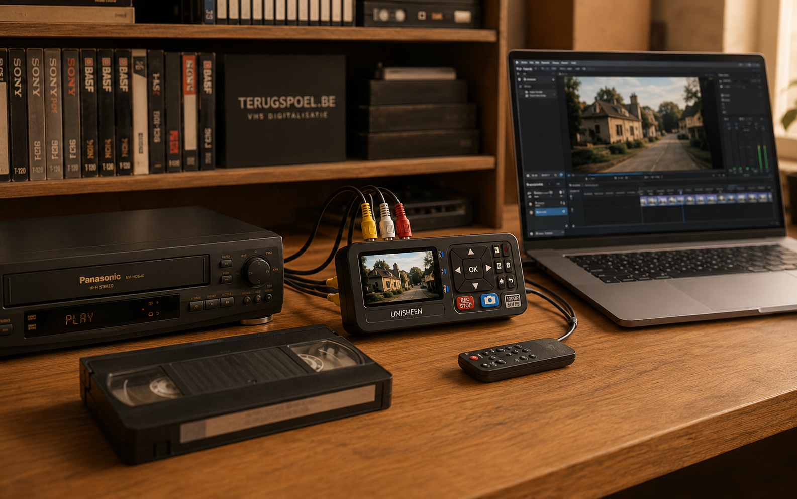 VHS digitalisatie werkplek met Panasonic videorecorder, UNISHEEN capture device en laptop in het Terugspoel atelier in Boutersem